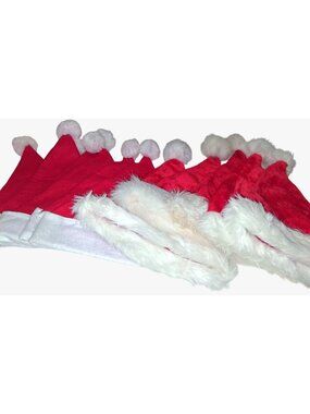 Red & White Santa Hats With Fuzzy Trim And Pom Pom Accent Set Of 12
